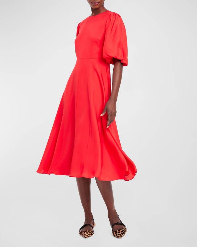 matinee puff-sleeve twill midi dress